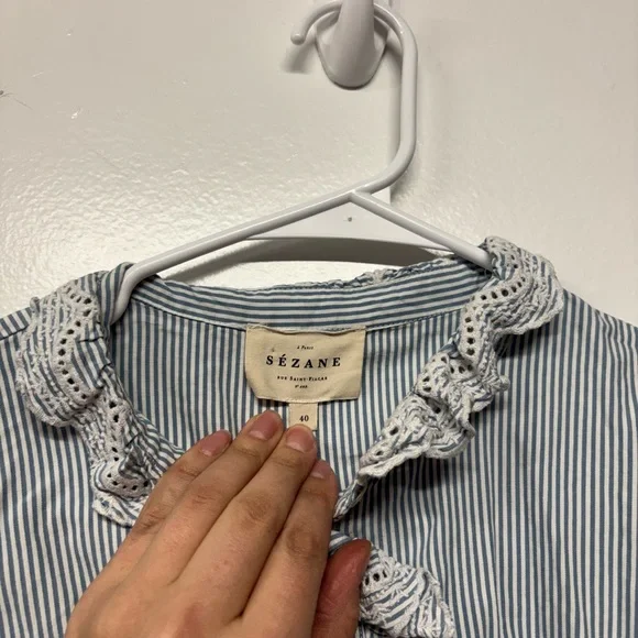 Sezane Striped Blue White Cotton Lace Chloe Blouse Size M/40 - Picture 5 of 6